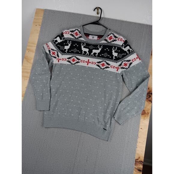 On the Bias Southwest Holiday Sweater Mens Medium Gray Deer Ribbed Long Sleeve - Picture 2 of 14